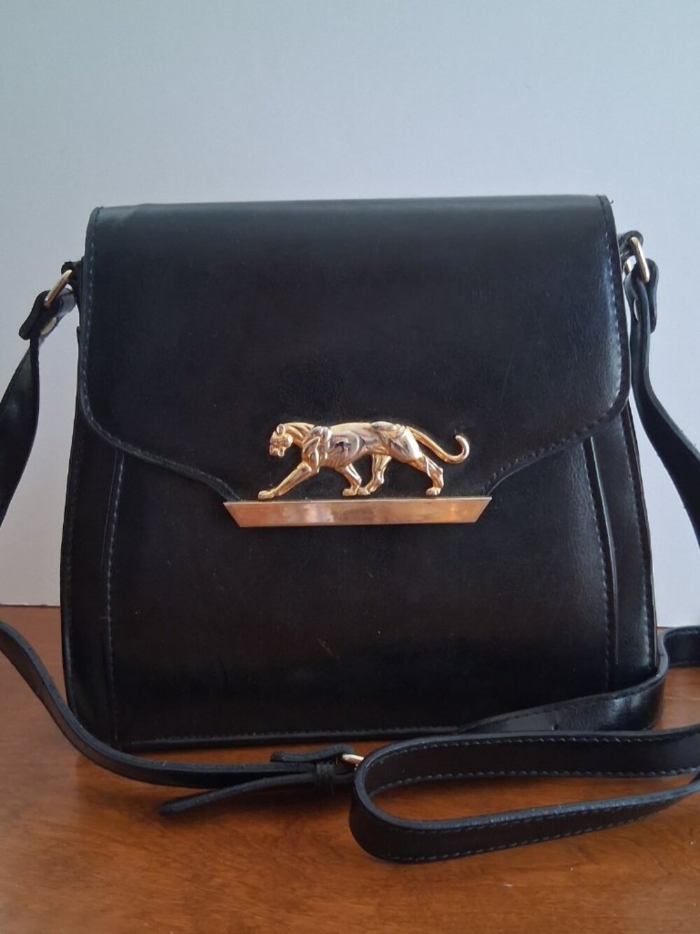 Sasha New York 1996 Black Leather Panther Crossbody Bag